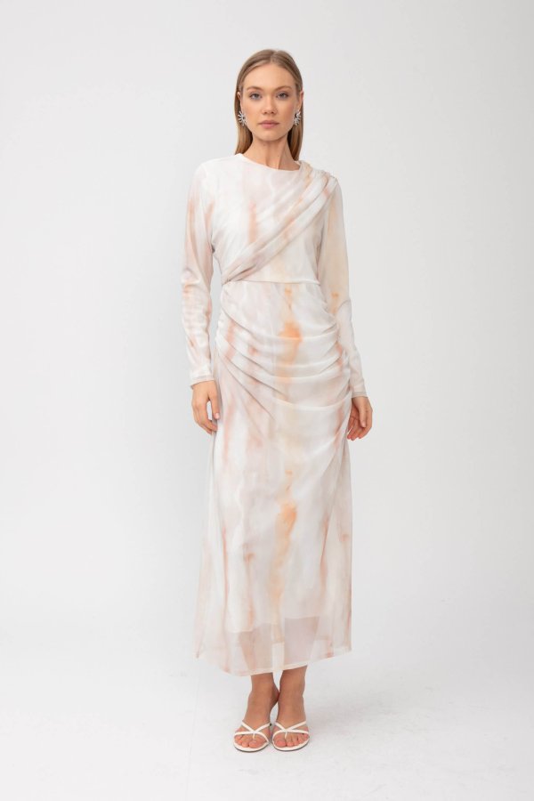 Turuncu Batik Desen Tül Elbise