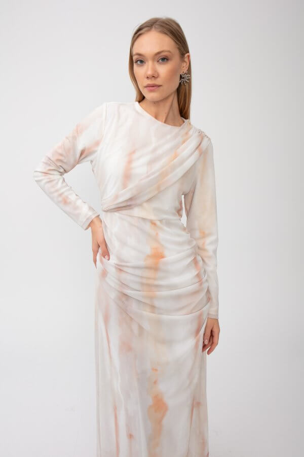 Turuncu Batik Desen Tül Elbise - Görsel 2
