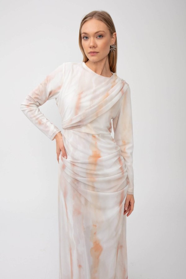 Turuncu Batik Desen Tül Elbise - Görsel 2