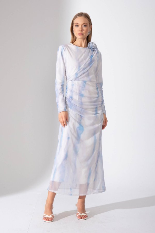 Mavi Batik Desen Tül Elbise