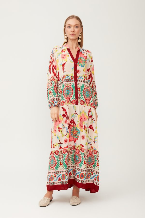 Bordo Desenli Viscon Elbise