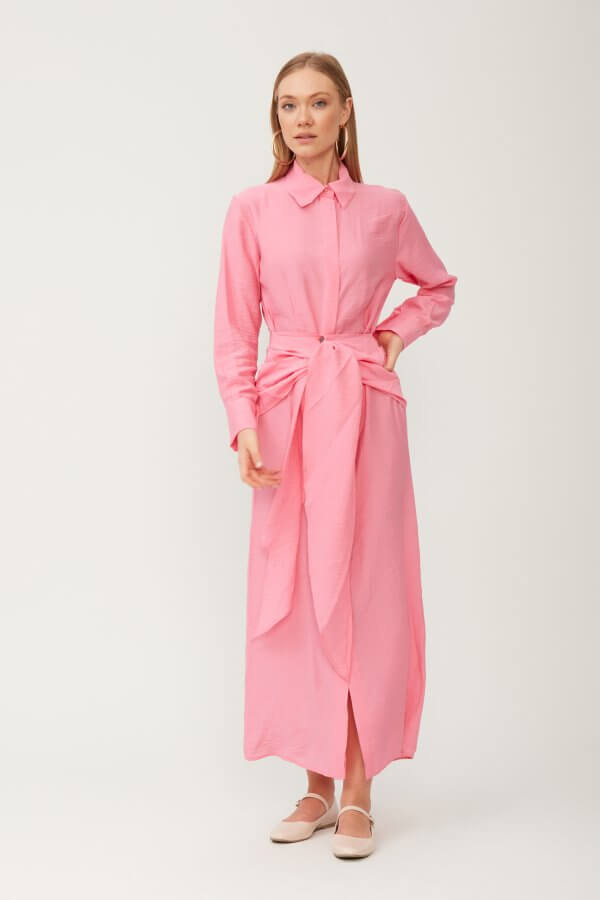 Pembe Kuşak Detaylı Elbise - Görsel 3