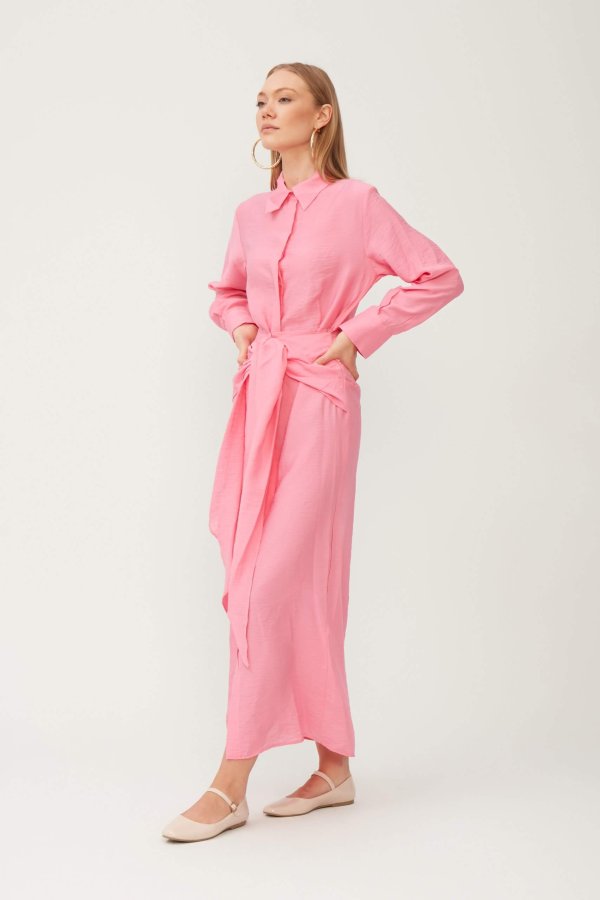 Pembe Kuşak Detaylı Elbise - Görsel 4