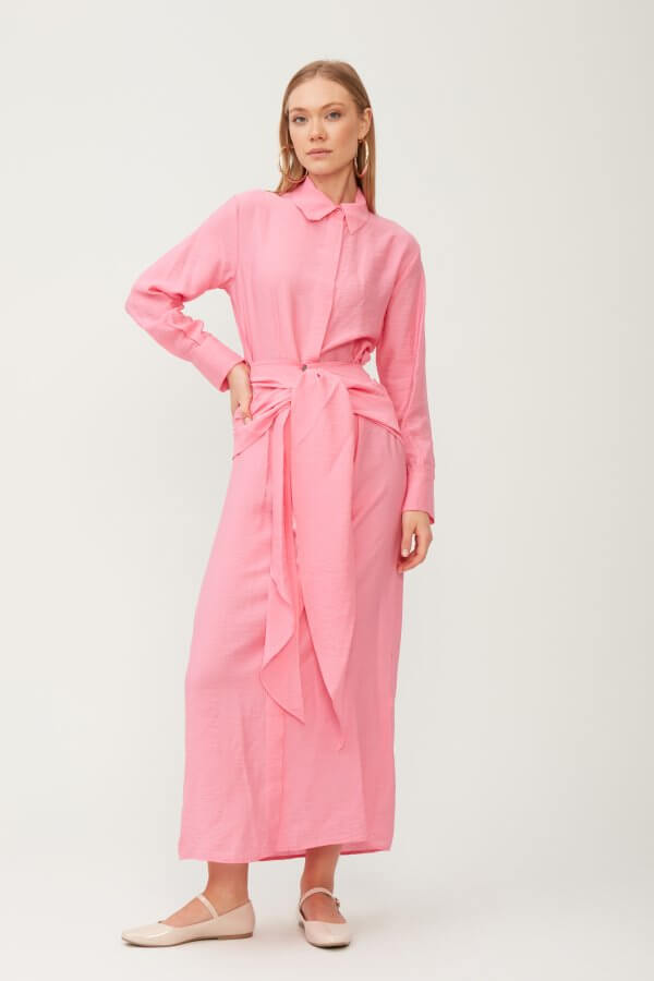Pembe Kuşak Detaylı Elbise - Görsel 5