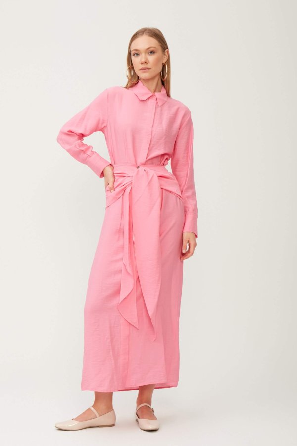Pembe Kuşak Detaylı Elbise - Görsel 5