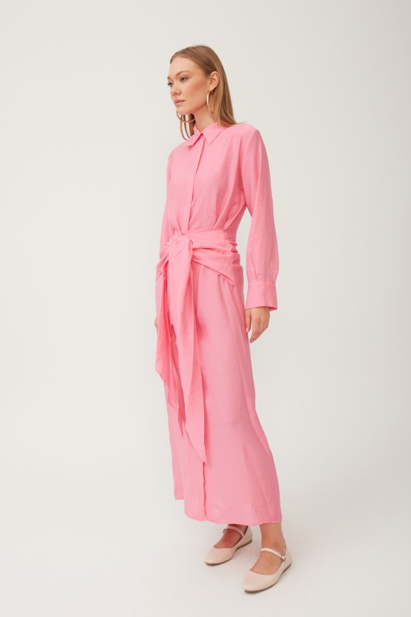 Pembe Kuşak Detaylı Elbise - Görsel 6
