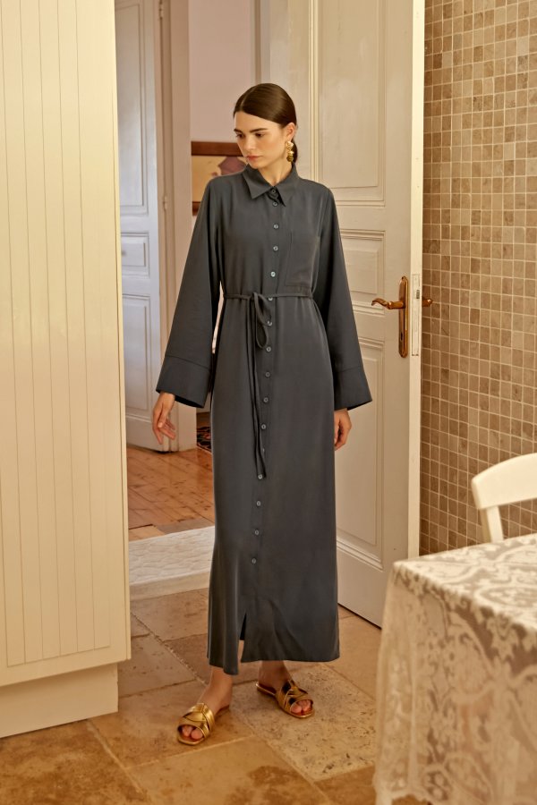 Lacivert Düğmeli Tensel Elbise - Görsel 8
