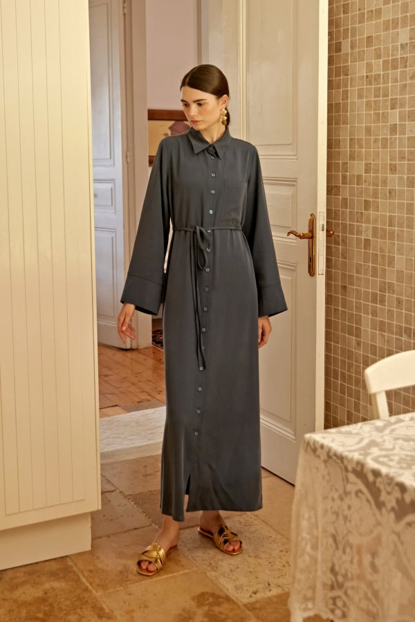 Lacivert Düğmeli Tensel Elbise - Görsel 8