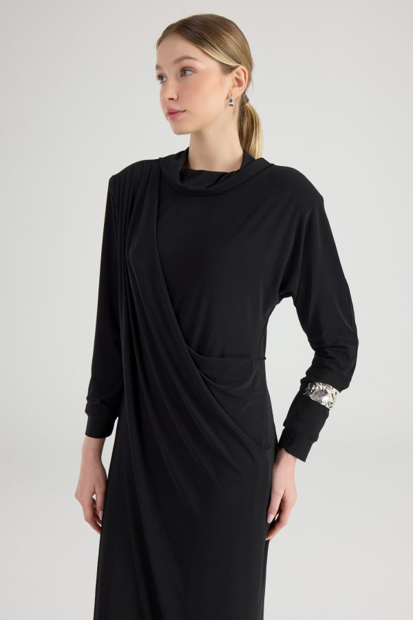 Siyah Drape Elbise - Görsel 2