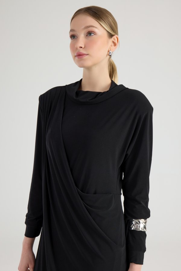 Siyah Drape Elbise - Görsel 3