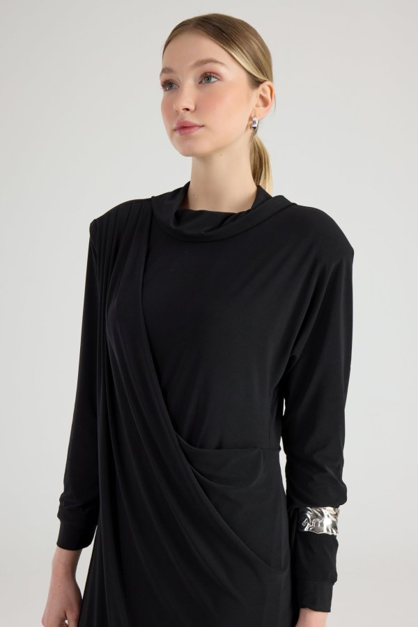 Siyah Drape Elbise - Görsel 3