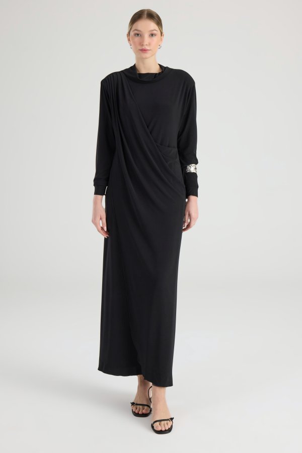 Siyah Drape Elbise - Görsel 4