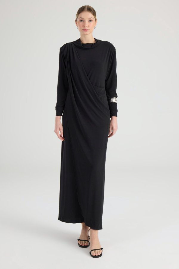 Siyah Drape Elbise - Görsel 4