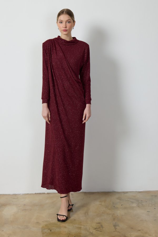 Bordo Simli Drape Elbise - Görsel 2