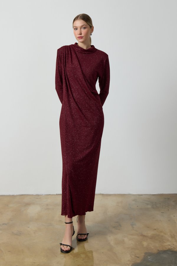 Bordo Simli Drape Elbise