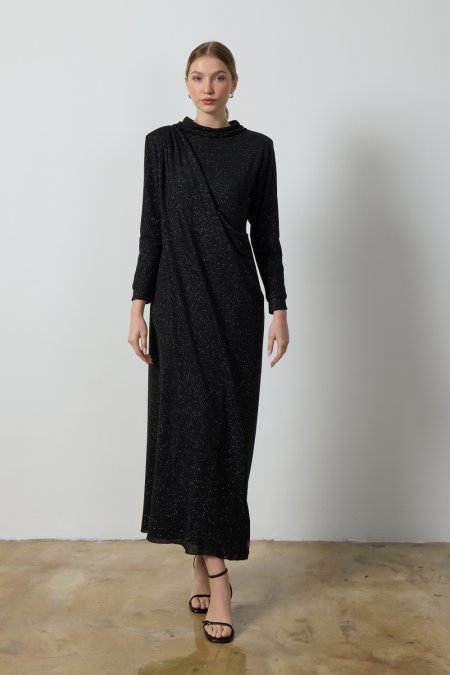 Siyah Simli Drape Elbise