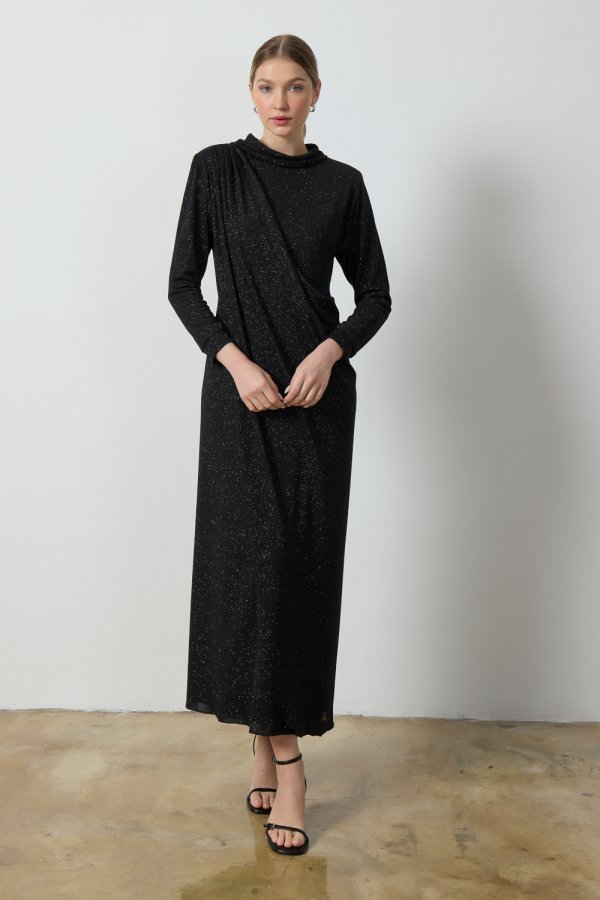 Siyah Simli Drape Elbise - Görsel 2