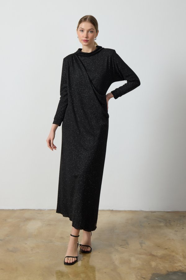 Siyah Simli Drape Elbise - Görsel 3
