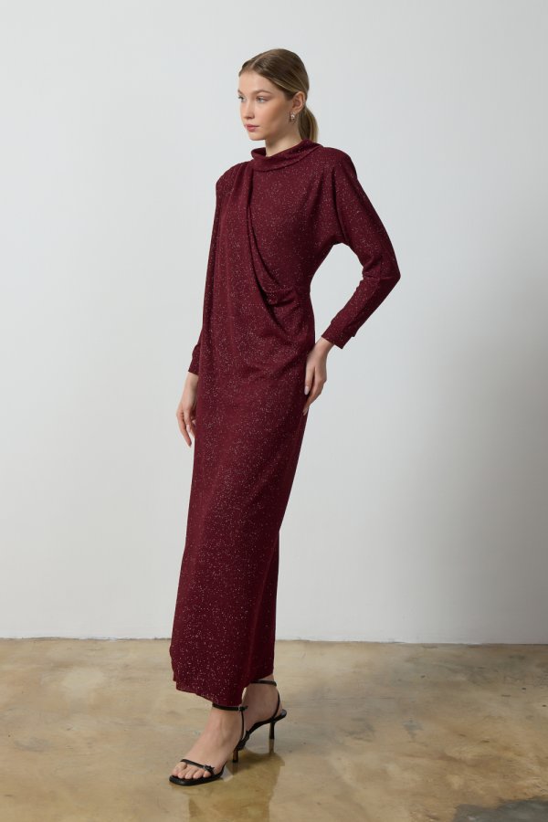 Bordo Simli Drape Elbise - Görsel 3