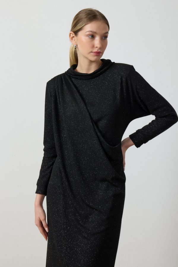 Siyah Simli Drape Elbise - Görsel 4