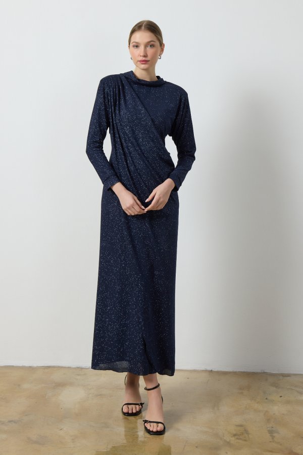 Lacivert Simli Drape Elbise