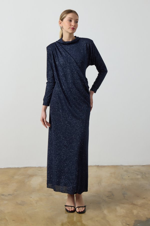 Lacivert Simli Drape Elbise - Görsel 2