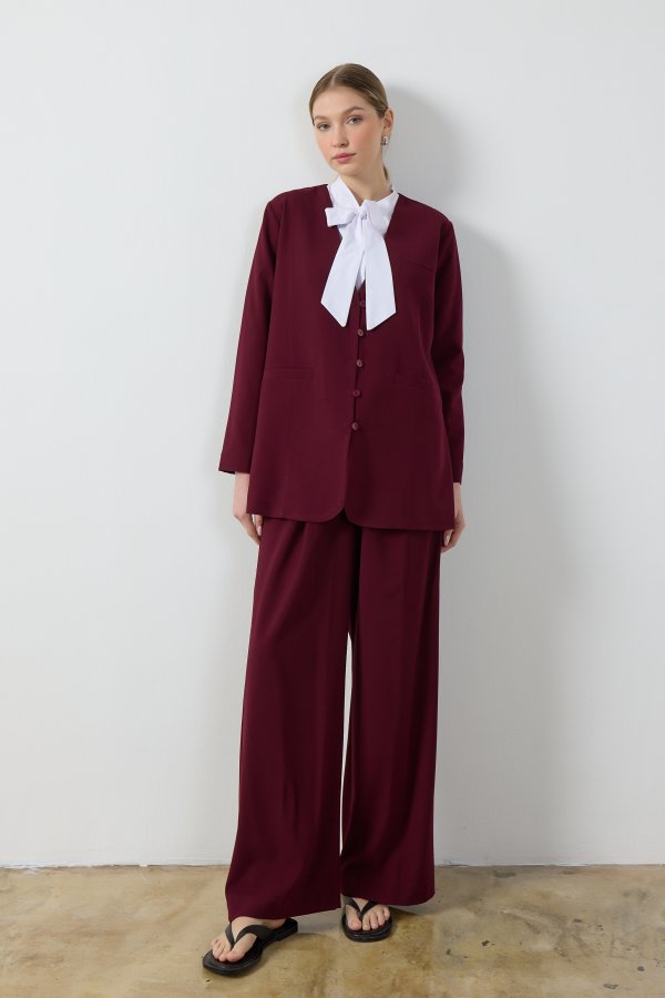 Bordo Wide Leg Pantolon - Görsel 6