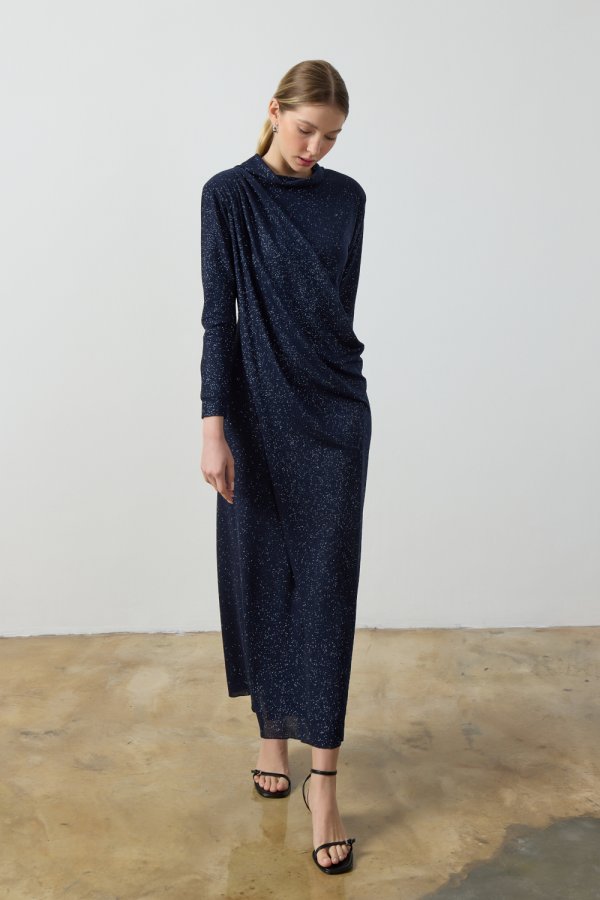Lacivert Simli Drape Elbise - Görsel 3
