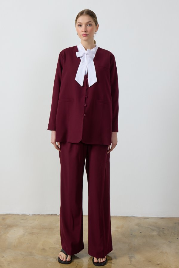 Bordo Wide Leg Pantolon - Görsel 4