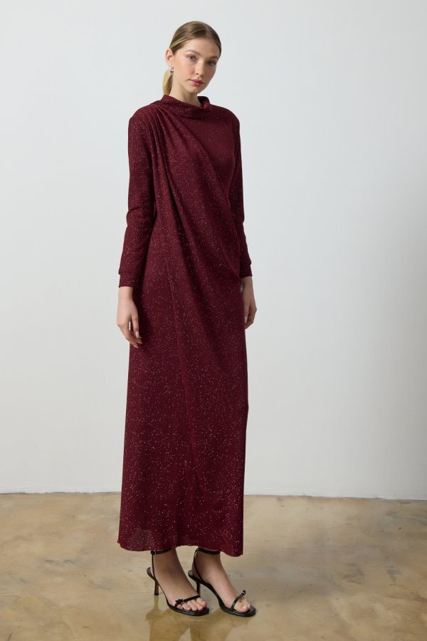 Bordo Simli Drape Elbise - Görsel 4