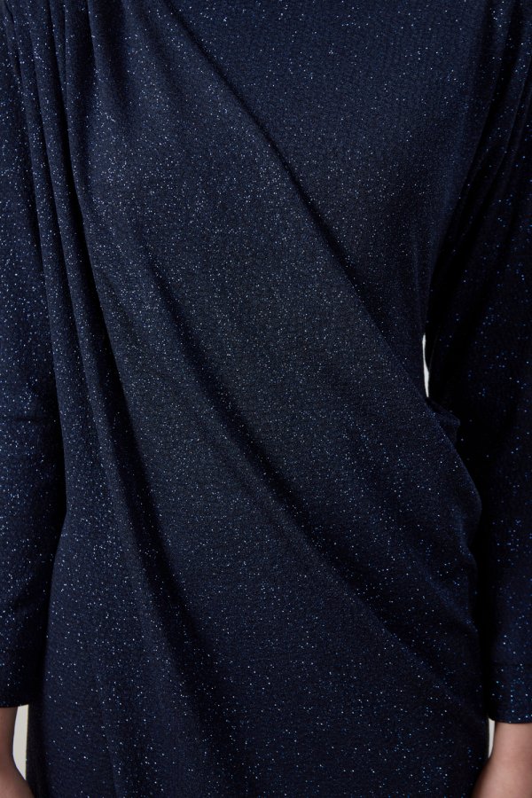 Lacivert Simli Drape Elbise - Görsel 5