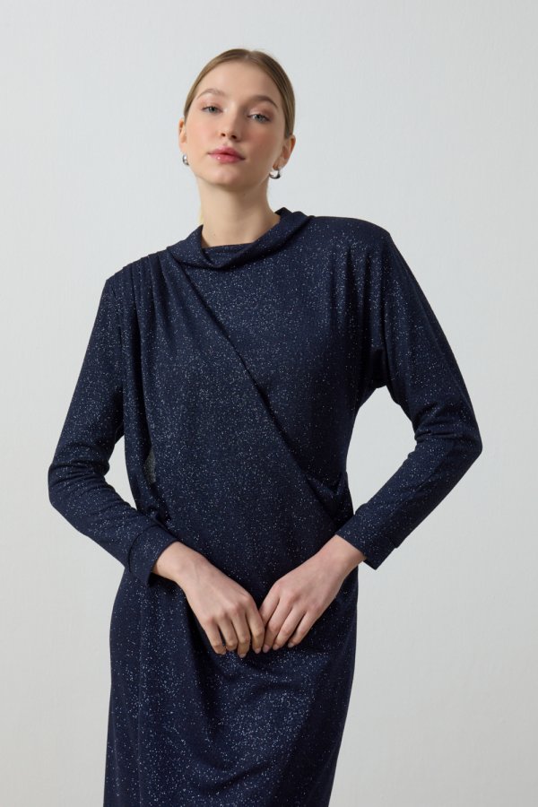 Lacivert Simli Drape Elbise - Görsel 6