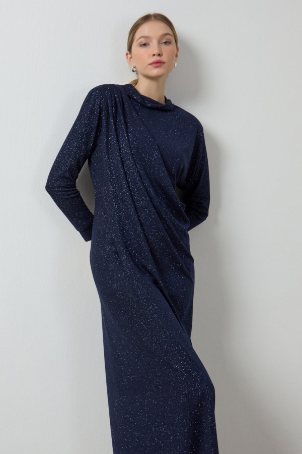 Lacivert Simli Drape Elbise - Görsel 7