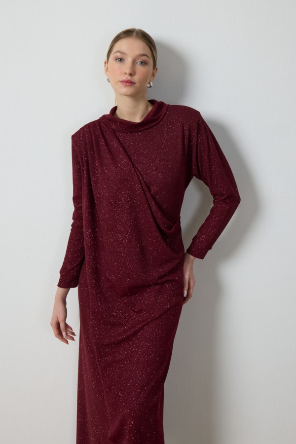 Bordo Simli Drape Elbise - Görsel 5