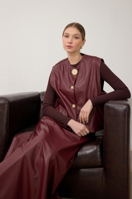 Bordo Cep Detaylı Deri Yelek