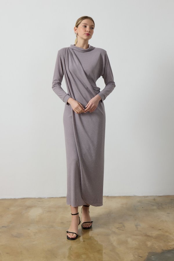 Gri Simli Drape Elbise - Görsel 2