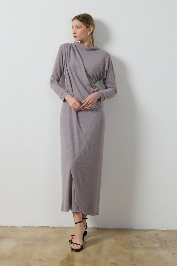 Gri Simli Drape Elbise - Görsel 3