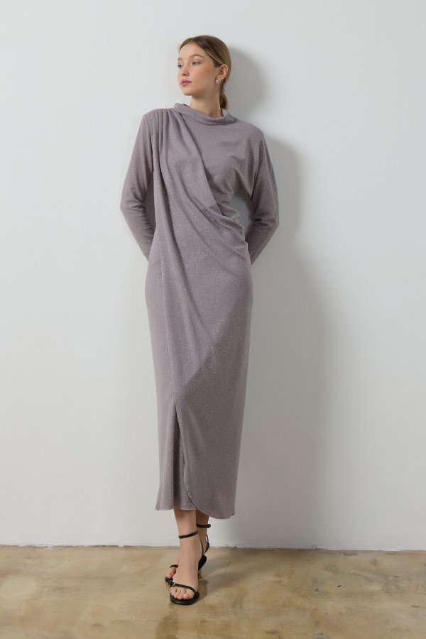 Gri Simli Drape Elbise - Görsel 4