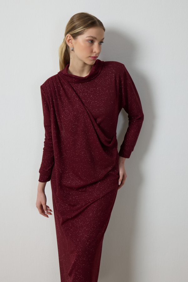 Bordo Simli Drape Elbise - Görsel 6