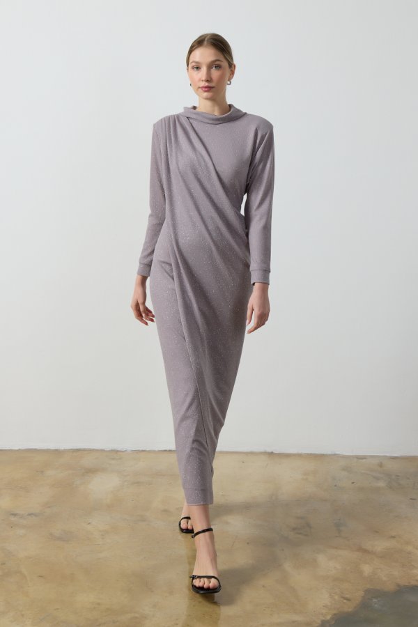 Gri Simli Drape Elbise - Görsel 5
