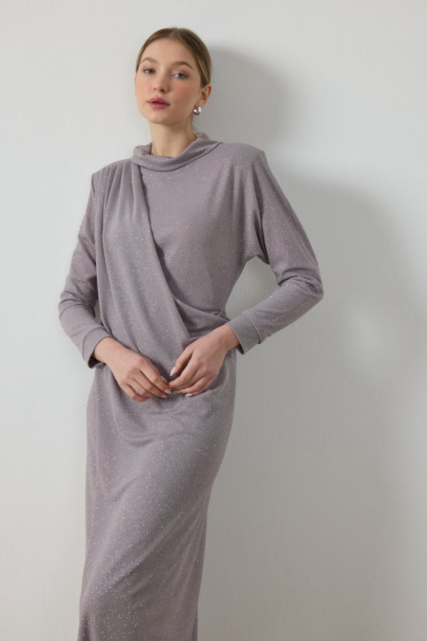 Gri Simli Drape Elbise - Görsel 6