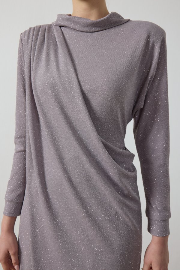 Gri Simli Drape Elbise - Görsel 7