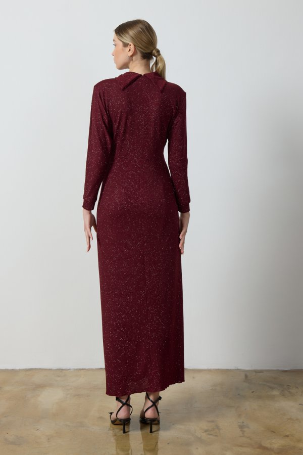 Bordo Simli Drape Elbise - Görsel 8