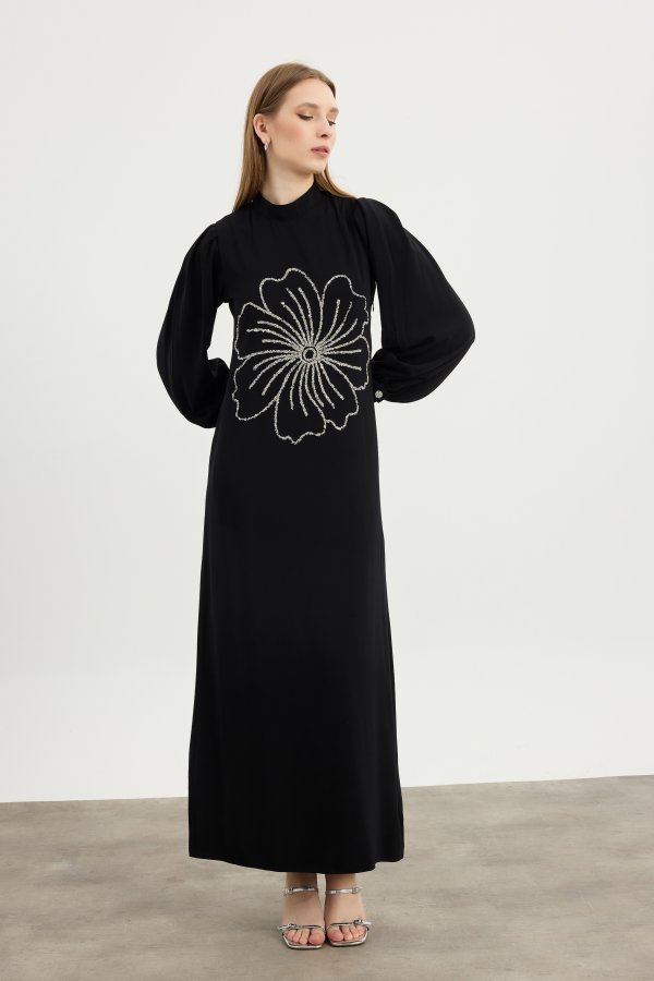 Siyah Flora Elbise - Görsel 2