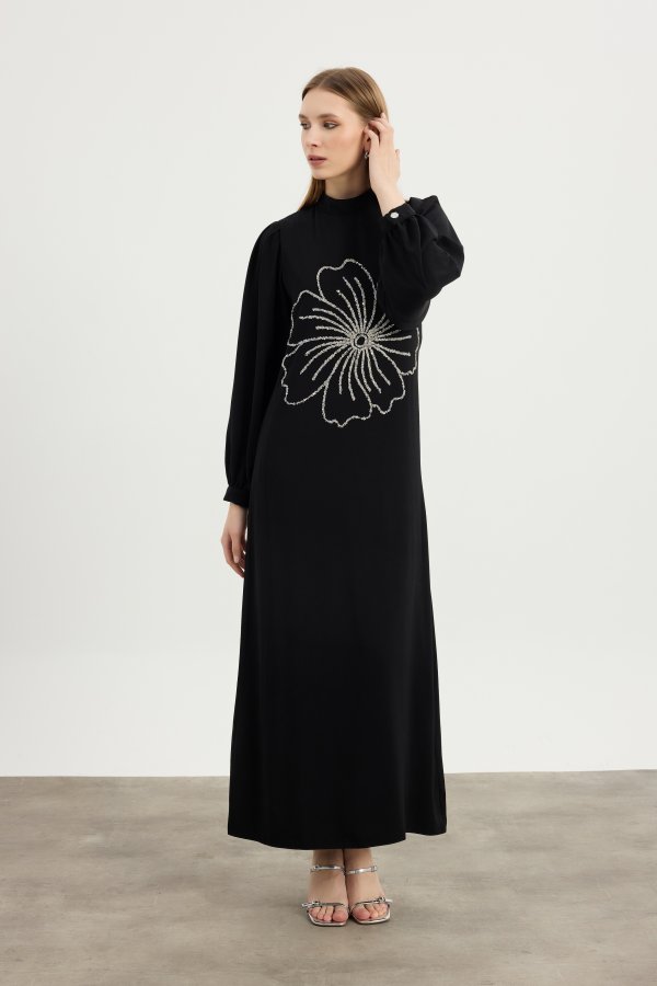 Siyah Flora Elbise - Görsel 3