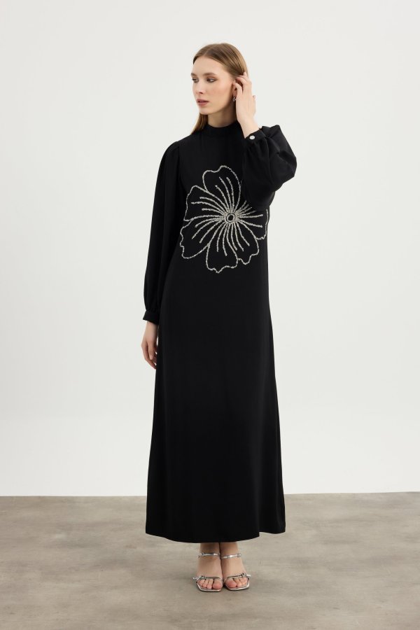 Siyah Flora Elbise - Görsel 3