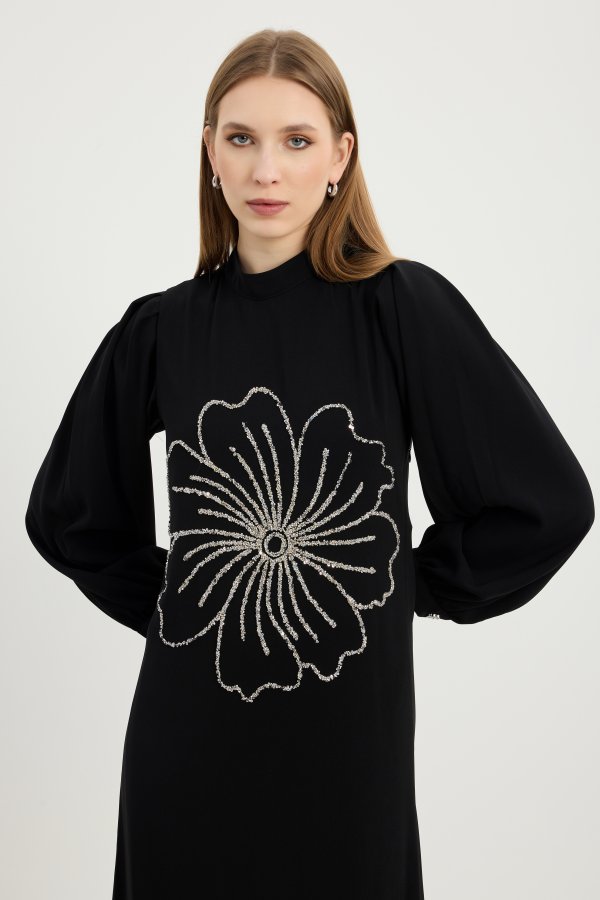 Siyah Flora Elbise - Görsel 8