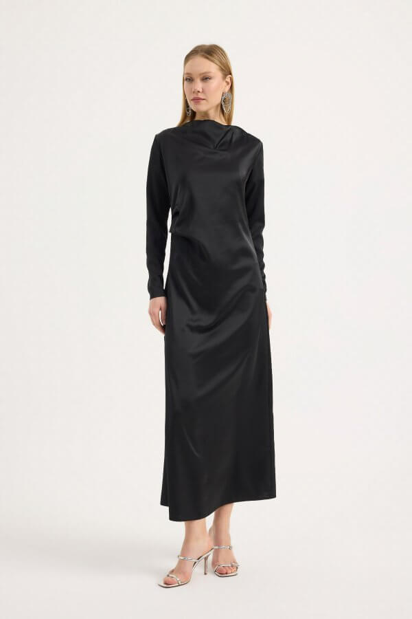 Siyah Saten Drape Elbise - Görsel 2