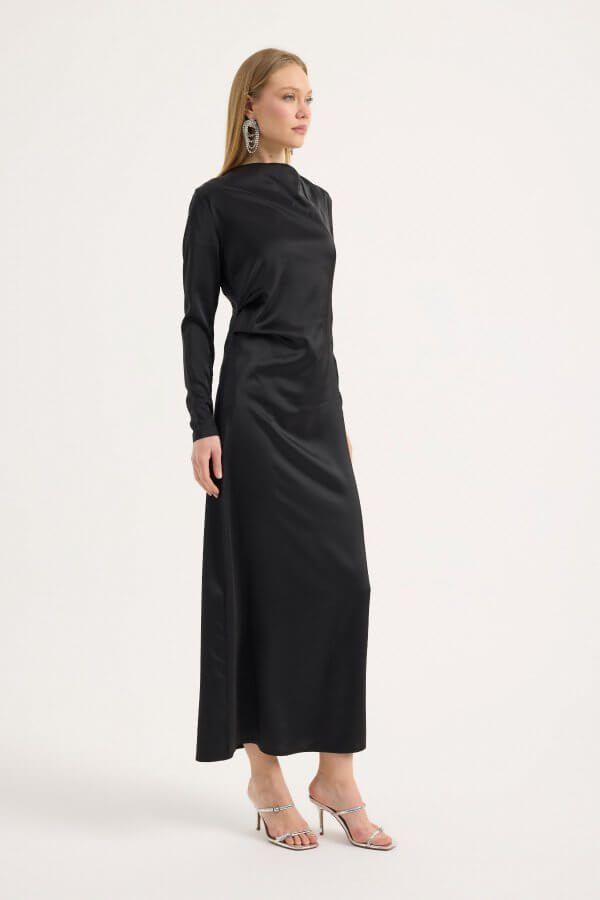 Siyah Saten Drape Elbise - Görsel 4