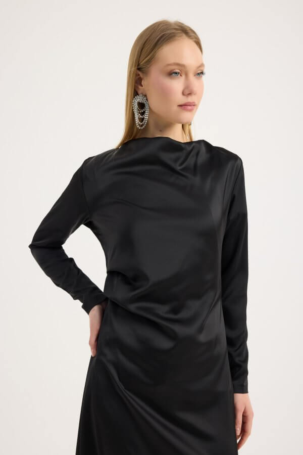 Siyah Saten Drape Elbise - Görsel 5